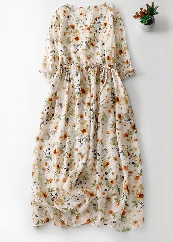 Natural Green V Neck Print Drawstring Cotton Long Dresses Summer AM1067 Tunics Short Trendy