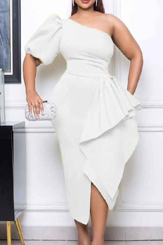 Zjkrl - White Elegant Solid Patchwork Flounce Asymmetrical Oblique Collar Evening Dress Dresses Tunics Mesh breathable