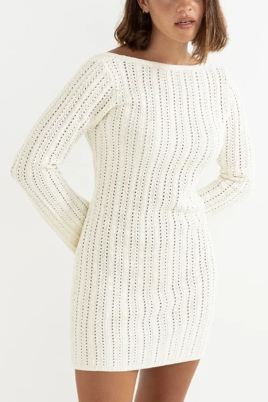 Charlize Long Sleeve Knit Mini Dress Cream Stylish Short-Sleeve Mini Dress