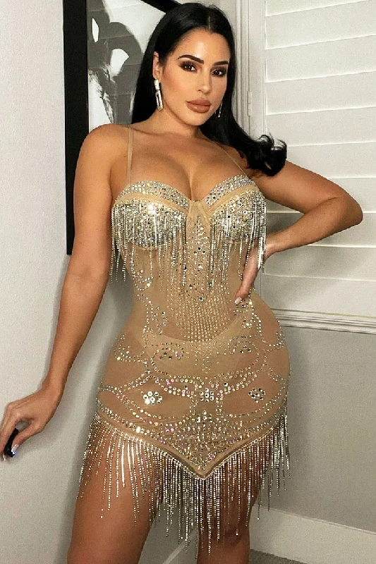 Sparkly Rhinestone Fringe Sweetheart Sheer Mesh Hanky Party Mini Dress - Apricot Tunics Wedding white