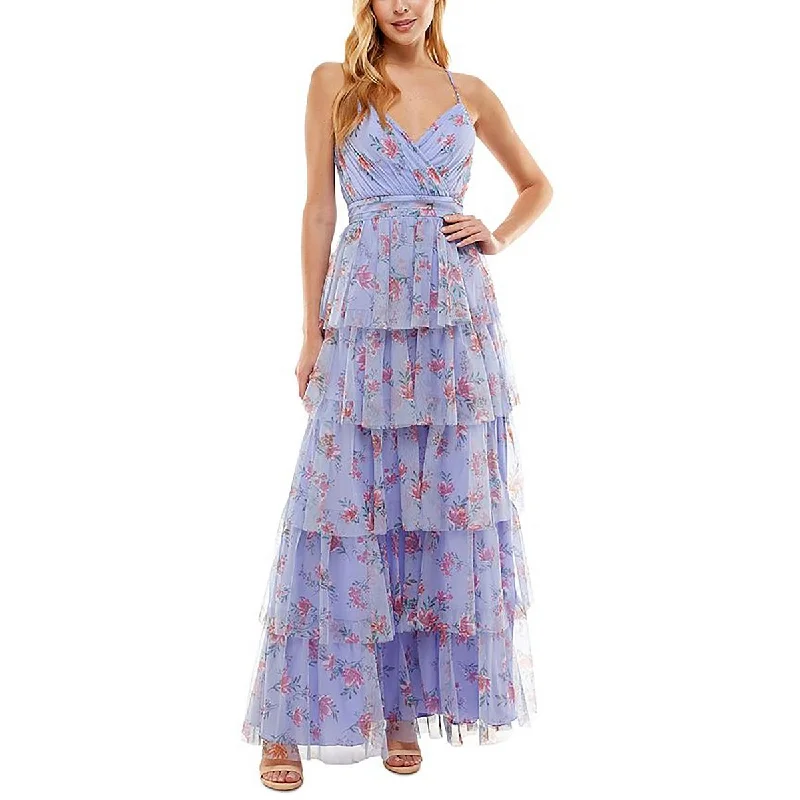 Juniors Womens Floral Print Tiered Skirt Evening Dress Cowl Neckline Elegant