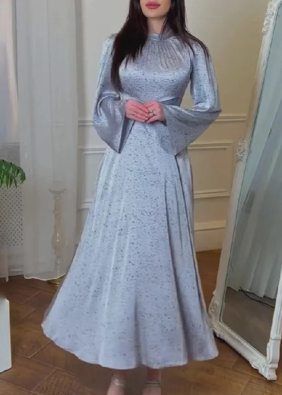 Organic Blue Lace Up Print Silk Maxi Dresses Fall QL035 Tunics Stylish elegant