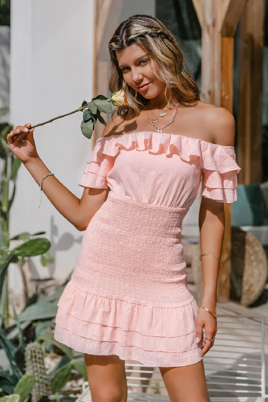 Smocked Layered Off-Shoulder Mini Dress Stylish Button-Down Mini Dress