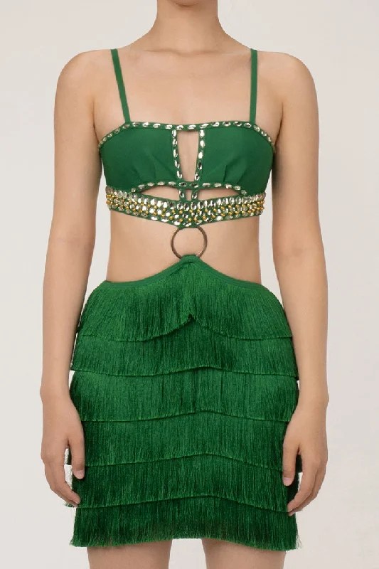 Luxury Crystal O Ring Cutout Waist Bandage Tiered Fringe Micro Mini Dress Tunics Satin smooth Luxury Crystal O Ring Cutout Waist Bandage Tiered Fringe Micro Mini Dress Tunics Satin smooth