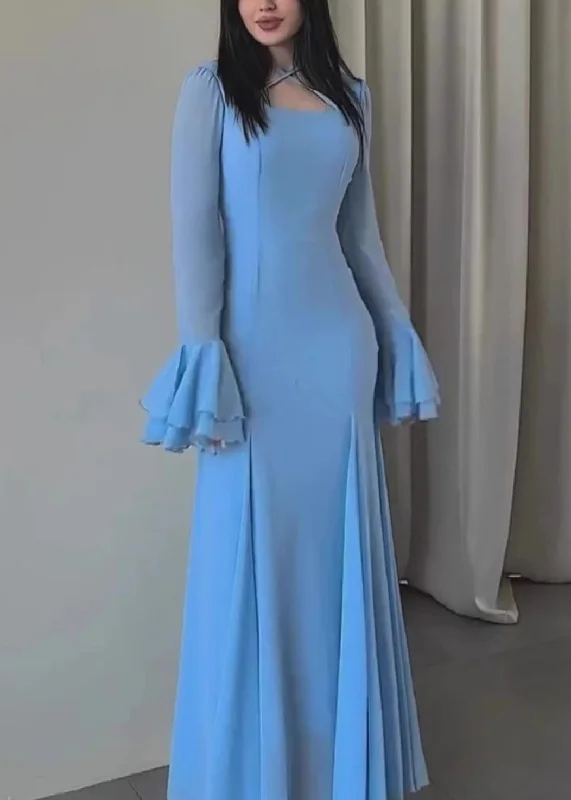 Women Slim Fit Blue U Neck Chiffon Maxi Dresses Butterfly Sleeve QL038 Tunics Stylish elegant