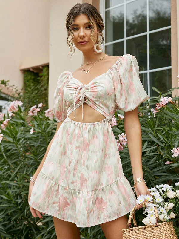 Printed Puff Sleeve Cutout Mini Dress Trendy Tie-Dye Mini Dress