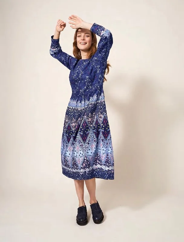 Elisa Midi Dress - Navy Multi Boat Neckline Classic