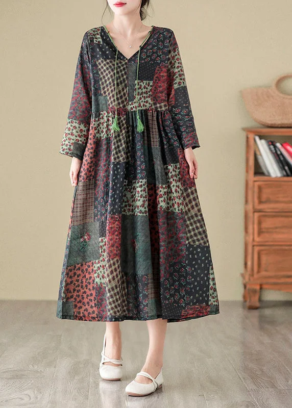 Bohemian V Neck Print Patchwork Cotton Long Dress Fall QO043 Tunics Chic elegant