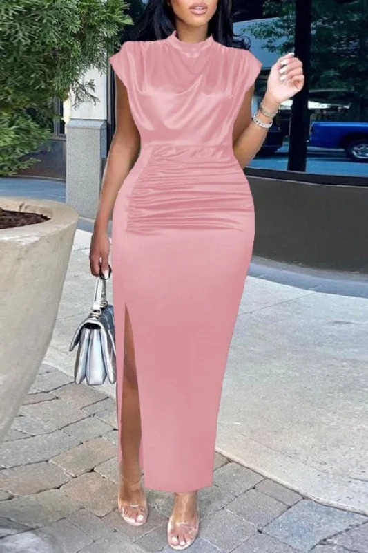 Zjkrl - Pink Fashion Sexy Solid Slit Fold Half A Turtleneck Evening Dress Tunics Fall fleece
