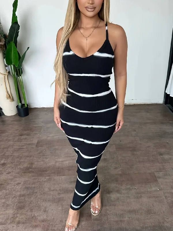 IKEARLAX Flattering Striped Cami Maxi Dress - Spaghetti Strap Bodycon for Vacation Chic - Womens Summer Wardrobe Essential Tunics Floral girly