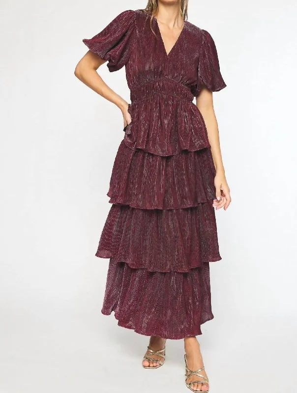 Puff Sleeve Maxi Dress In Metallic Sangria Cowl Neckline Elegant