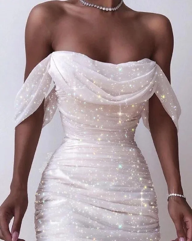Zjkrl - Shouder Women Dress Glitter Sequin Summer White Dresses Elegant Lady Draped Swing Collar Dresses Evening Party Dress Shift Classic Vintage Zjkrl - Shouder Women Dress Glitter Sequin Summer White Dresses Elegant Lady Draped Swing Collar Dresses Evening Party Dress Shift Classic Vintage