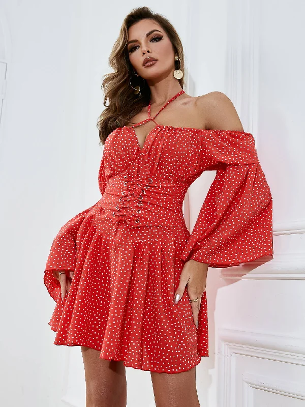 Polka Dot Lace-Up Bell Sleeve Mini Dress Cozy Knitted Mini Dress