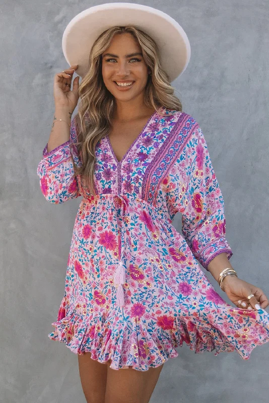 Bohemian Ruffle Hem Drawstring Waist Mini Dress Classic Floral Print Mini Dress