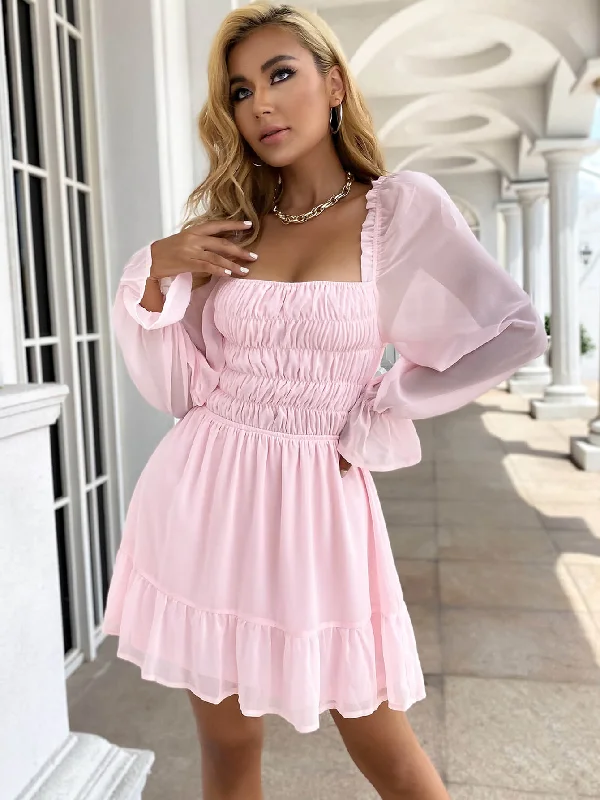 Smocked Ruffle Hem Mini Dress Chic Puff Sleeve Mini Dress