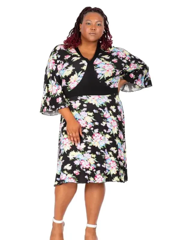 Witney Bell Sleeve Floral Mini Dress | Black Stylish Sweetheart Neck Mini Dress