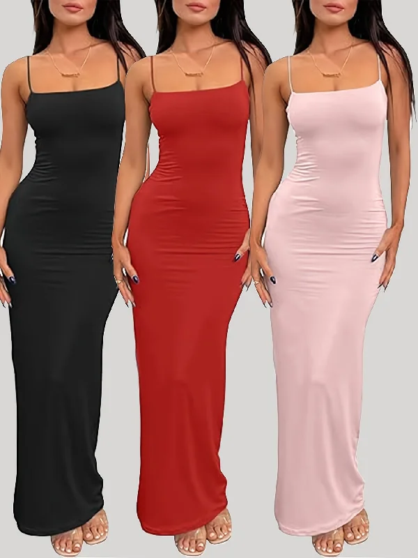 IKEARLAX 3-Pack Chic Solid Cami Maxi Dresses - Sexy Square Neck, Backless, Sleeveless - Versatile Womens Clothing for Casual to Formal Wear - Comfortable, Flowy, Adjustable Straps - Value Set Tunics Denim casual