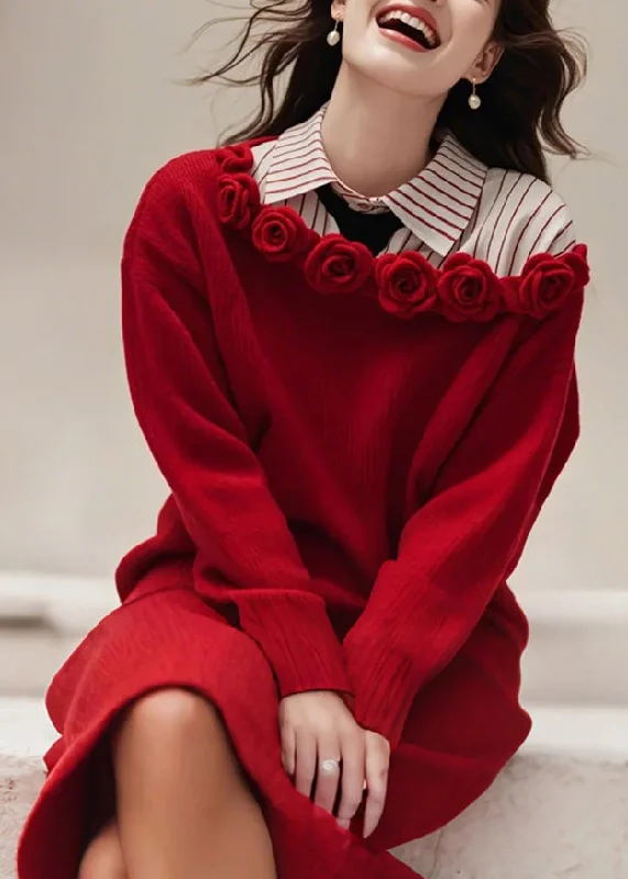 Floral Red Slash Neck Solid Knit Sweater Dress Fall QS015 Tunics Gym athletic