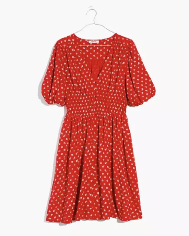 Puff-Sleeve Retro Mini Dress | Red / Peach Trendy Floral Mini Dress