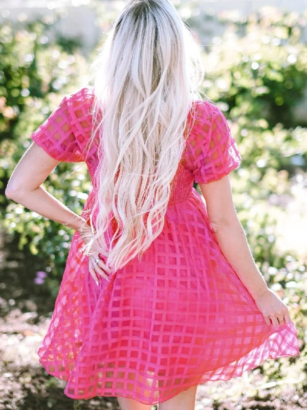 Pink Checkered Mini Dress Elegant Off-Shoulder Dress Mini
