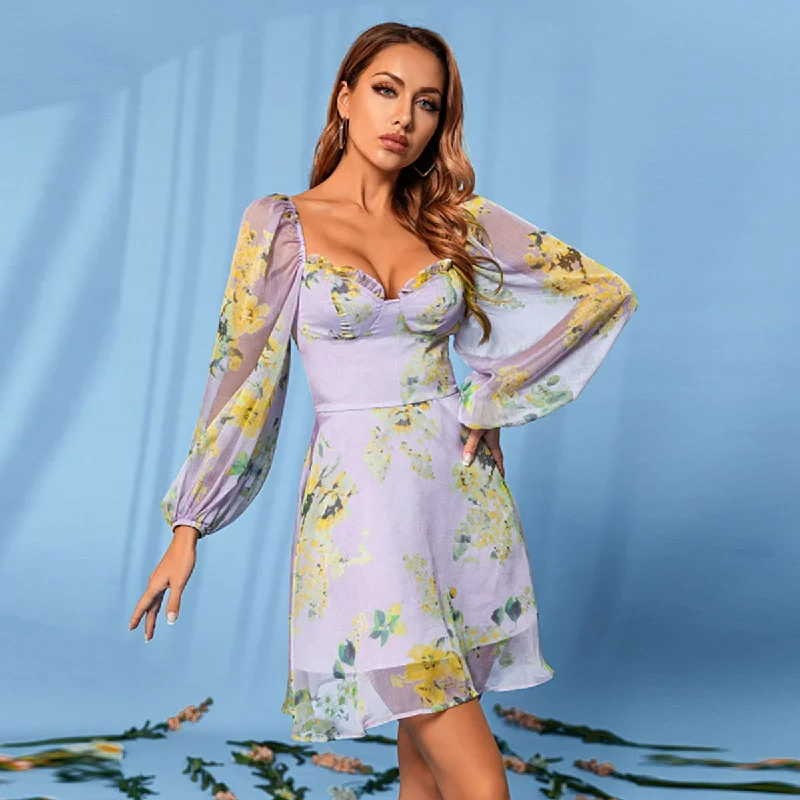 Floral Mesh Balloon Sleeve Mini Dress Cozy Cotton Mini Dress
