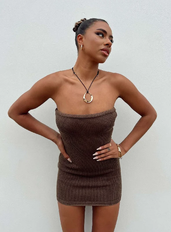 Flow Strapless Mini Dress Brown Off-the-shoulder Chic Trendy