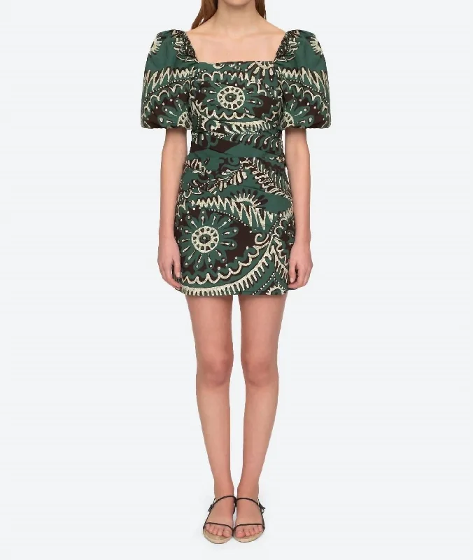 Print Puff Sleeve Draped Dress In Green Tunics Corduroy durable