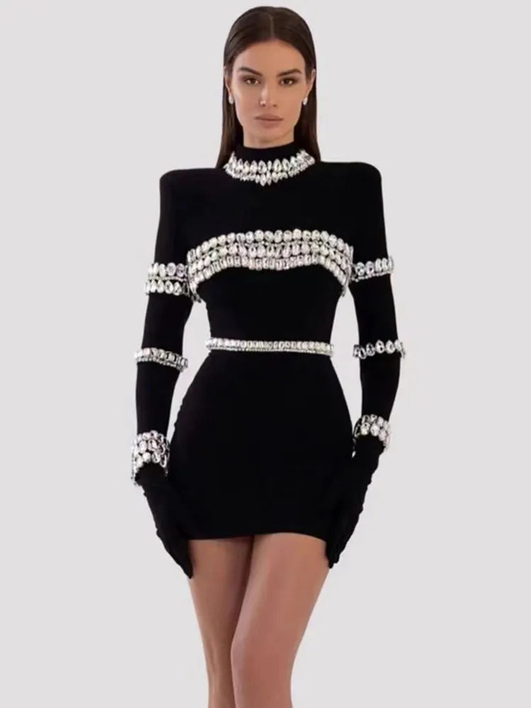 Zjkrl - Brand New Women Winter Sexy Turtleneck Beading Long Sleeve Black Mini Bandage Dress  Elegant Evening Club Party Dress Tunics Modern contemporary