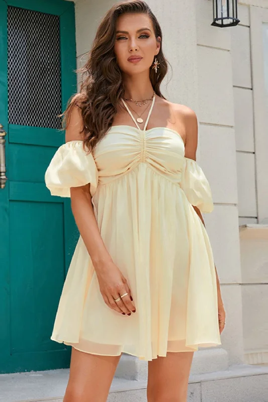 Gathered Detail Halter Neck Mini Dress Fashionable Mini Dress with Slits