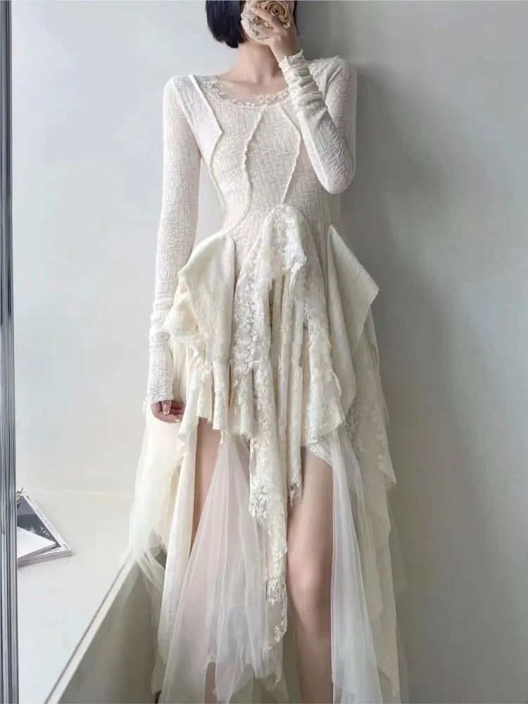 Zjkrl - French Elegant Women's Vintage Dress  Autumn Winter New Irregular Lace Splicing Evening Long Bridesmaid Party Dress Tunics Versatile all-occasion