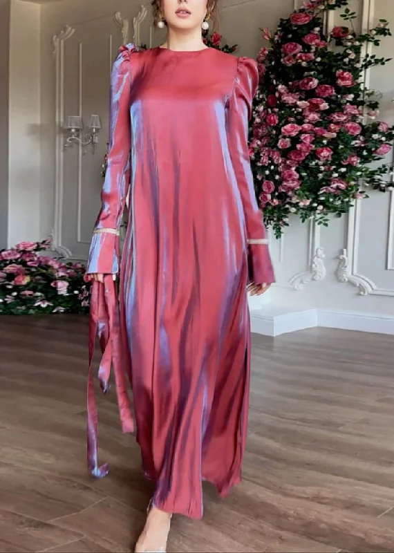 Elegant Purple O Neck Silk Maxi Dress Fall WO050 Square Neckline Feminine