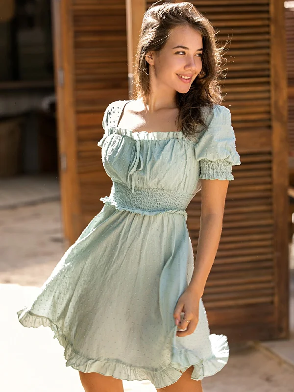 Swiss Dot Frill Trim Smocked Waist Mini Dress Comfortable Shift Mini Dress