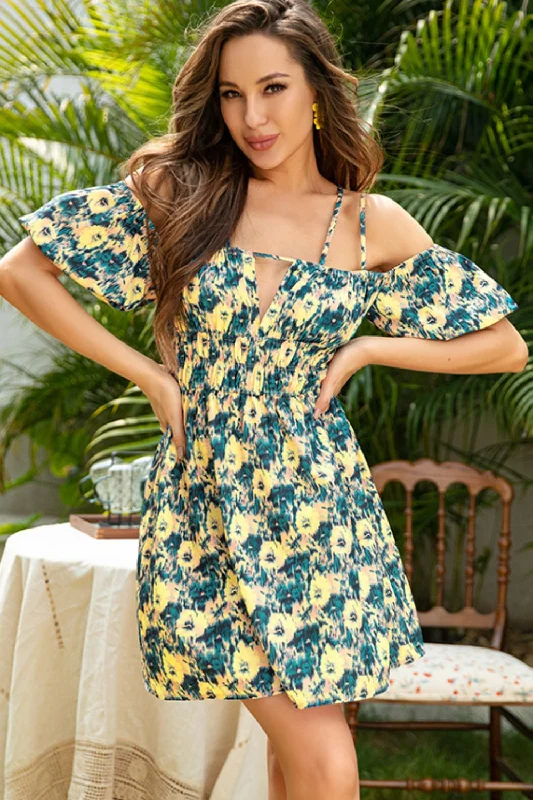 Floral Double Strap Cold-Shoulder Mini Dress Casual Mini Dress with Pockets