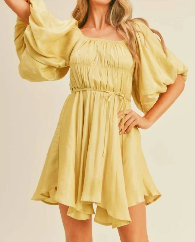 Shiny Bubble Sleeve Mini Dress In Dandelion Tunics Print Colorful
