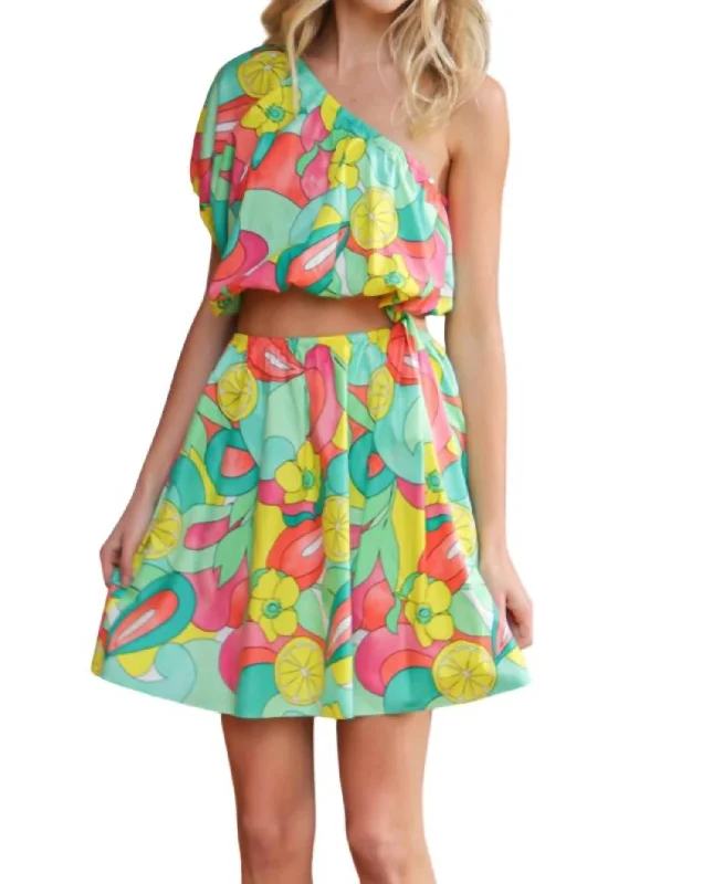 One Shoulder Cutout Waist Dress In Green/pink Tunics Formal black