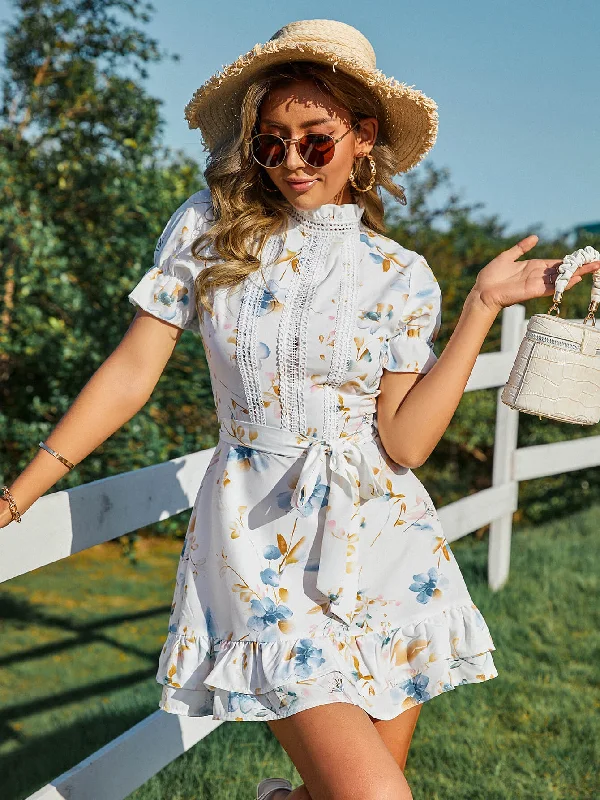 Floral Keyhole Tie Waist Mini Dress Elegant Silk Mini Dress