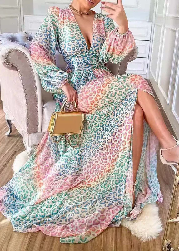 Stylish Leopard V Neck Side Open Cotton Long Dress Lantern Sleeve QR028 Tunics Versatile functional