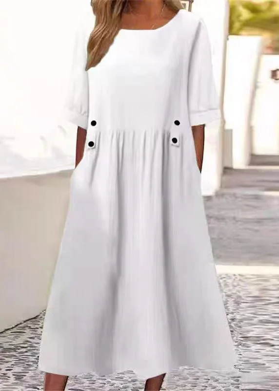 Art White O Neck Pockets Solid Cotton Long Dress Summer QA027 Tunics Business professional