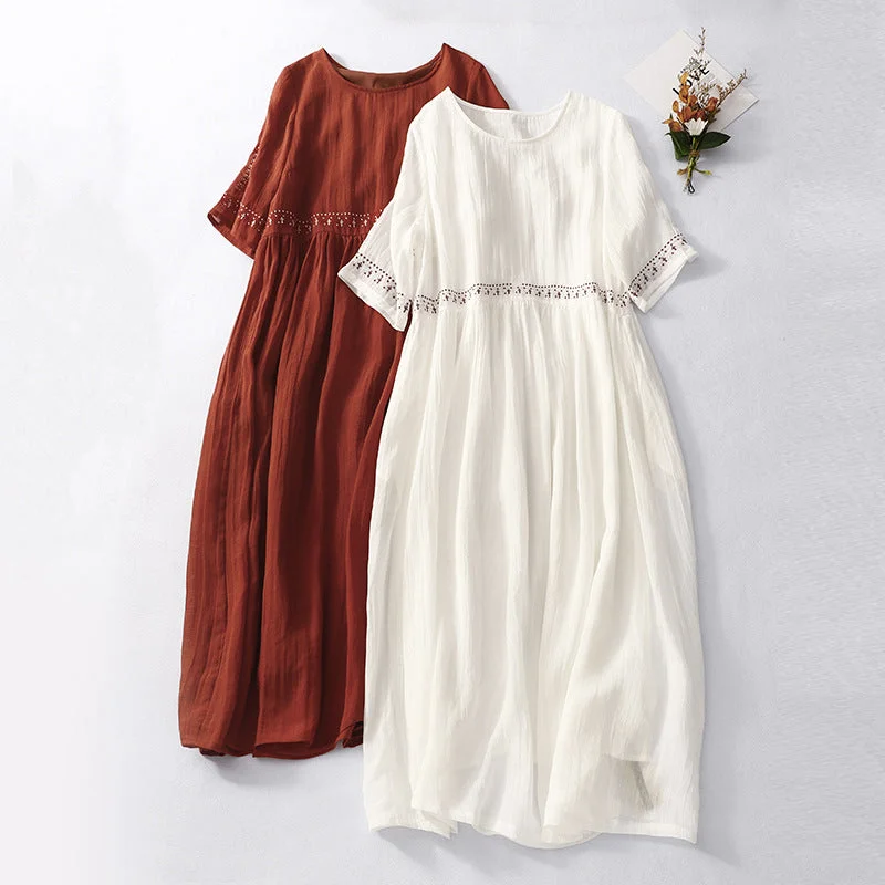 IKEARLAX  Summer New round Neck Short Sleeve Cotton and Linen Dress Artistic Retro Loose Embroidery Ramie Swing Long Dress Tunics Sophisticated sleek