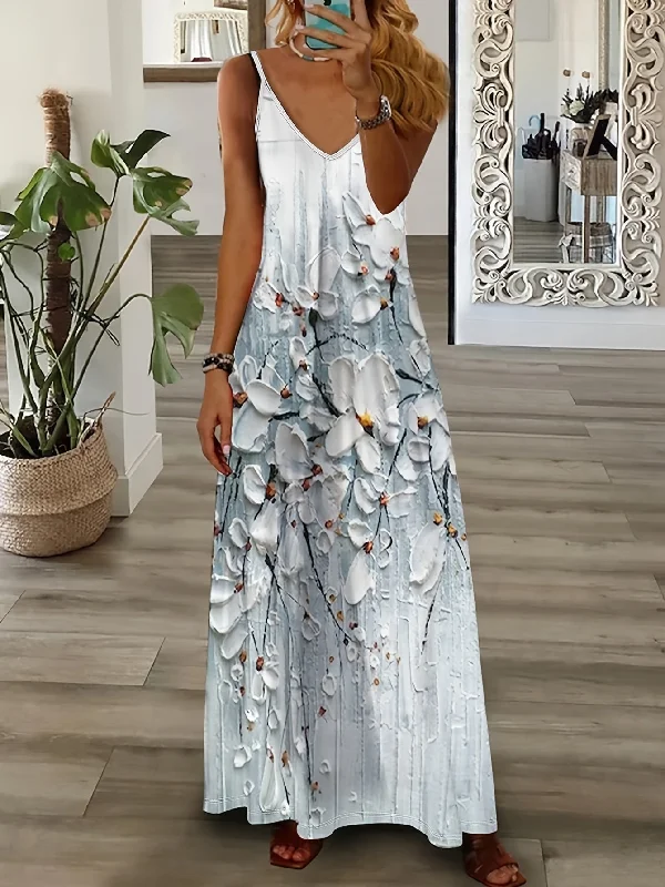 IKEARLAX Boho Chic Sleeveless Maxi Dress - Breezy Floral V-Neck Design with Adjustable Straps for Summer Elegance Tunics Running lightweight