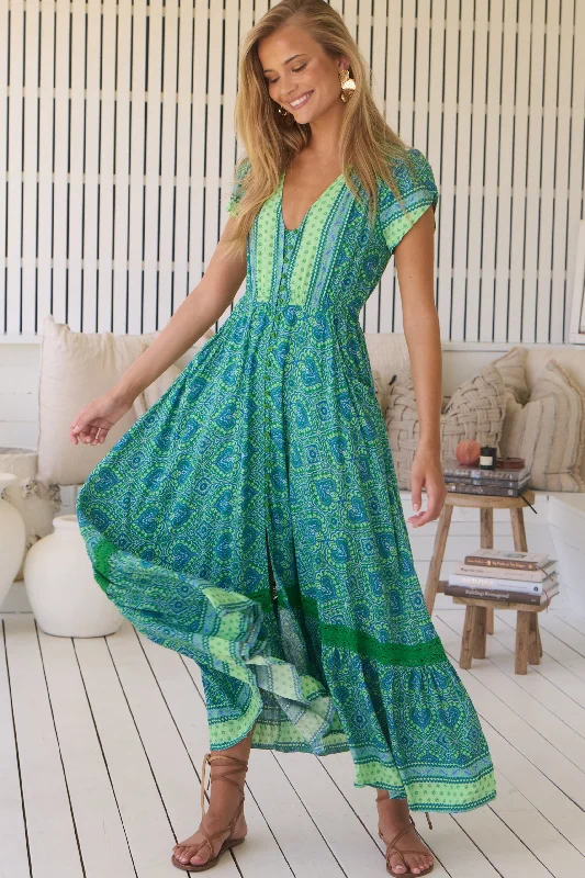 Lorena Maxi Dress - Blue/Green Tunics Fall fleece