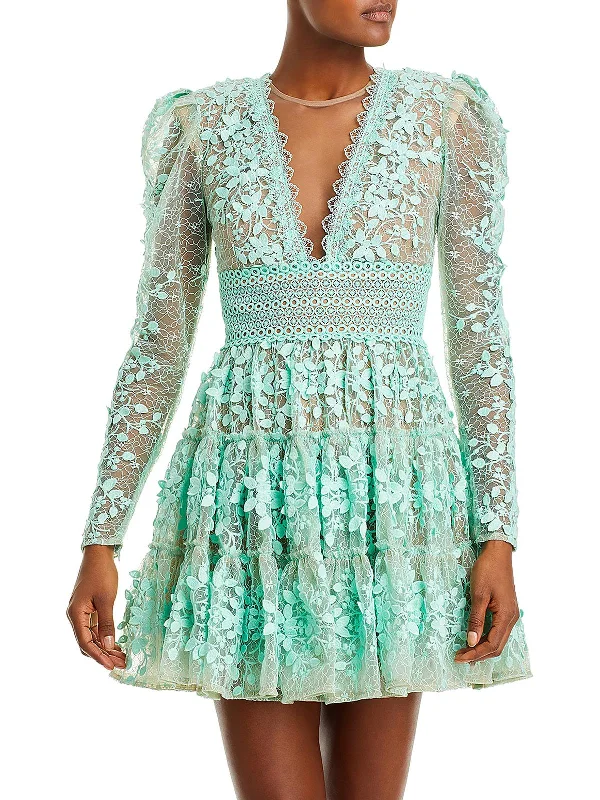 Megan Womens Lace Mini Fit & Flare Dress Turtleneck Neckline Stylish