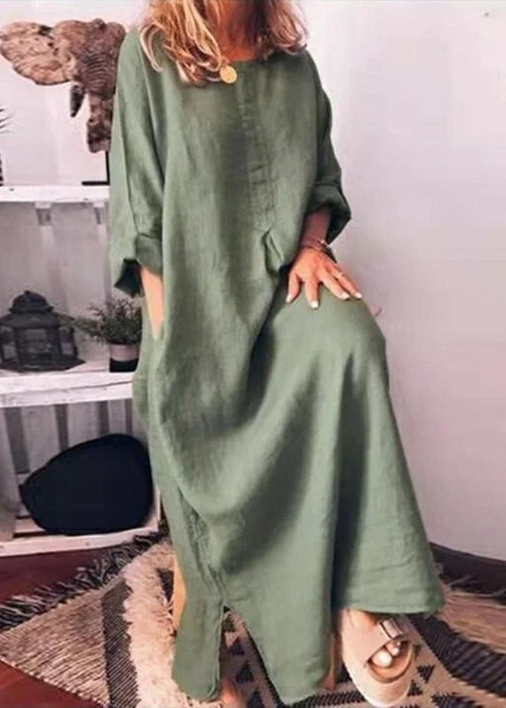 Italian Green O Neck Pockets Cotton Long Dress Fall QR013 Tunics Spring floral