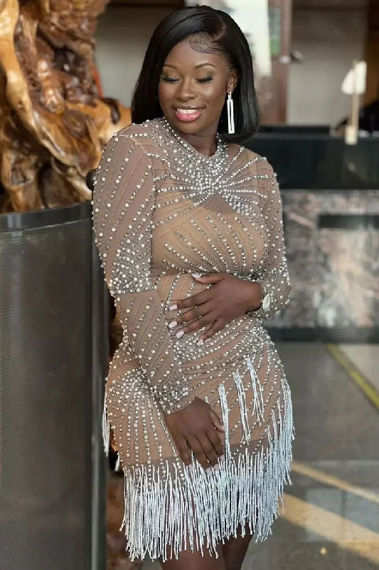 Sparkly Long Sleeve Pearl Rhinestone Fringe Sheer Mesh Party Mini Dress - Brown Tunics Long Elegant Sparkly Long Sleeve Pearl Rhinestone Fringe Sheer Mesh Party Mini Dress - Brown Tunics Long Elegant