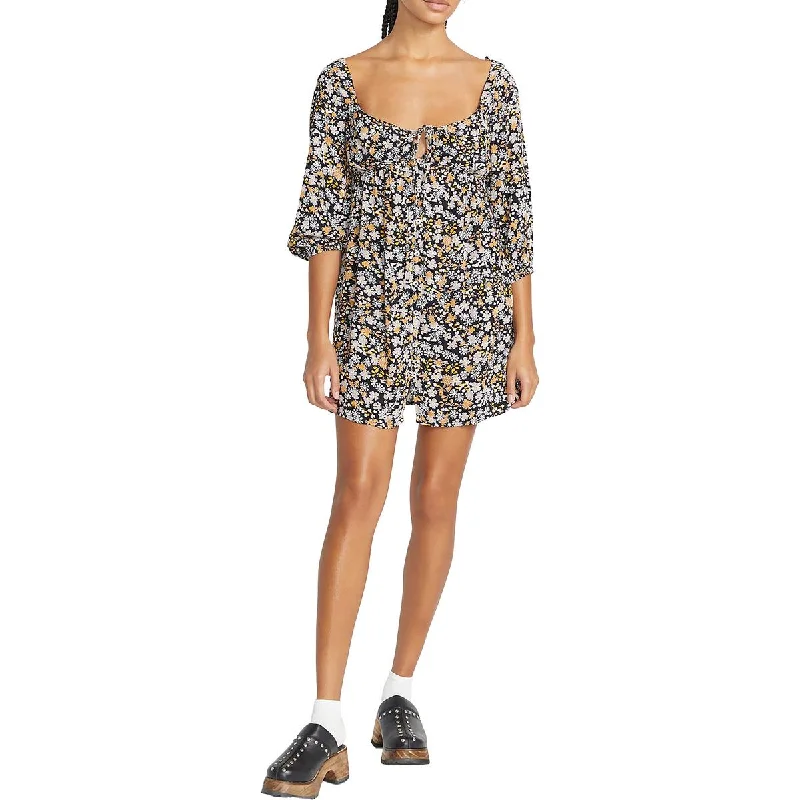 Juniors Womens Floral Print Above the knee Babydoll Dress Turtleneck Neckline Stylish