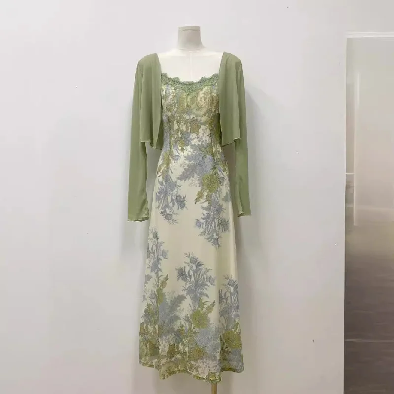 8514# New Chinese Retro Jacquard Dress Women's Summer Cardigan Suspender Skirt Two-Piece Set Tunics Fleece cozy