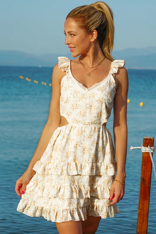 Floral Cutout Ruffle Shoulder Tiered Mini Dress Cozy Knitted Mini Dress