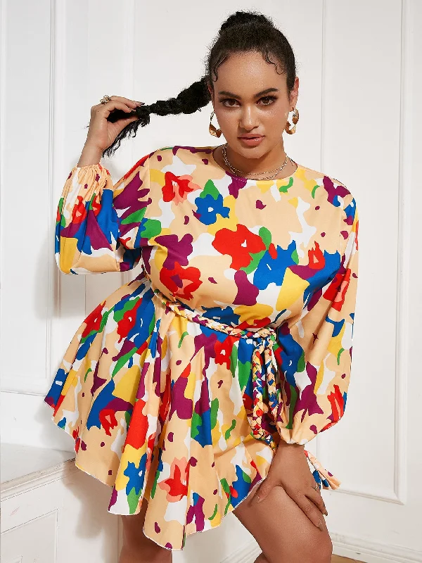 Plus Size Printed Mini Dress with Braided Belt Classic Casual Mini Dress