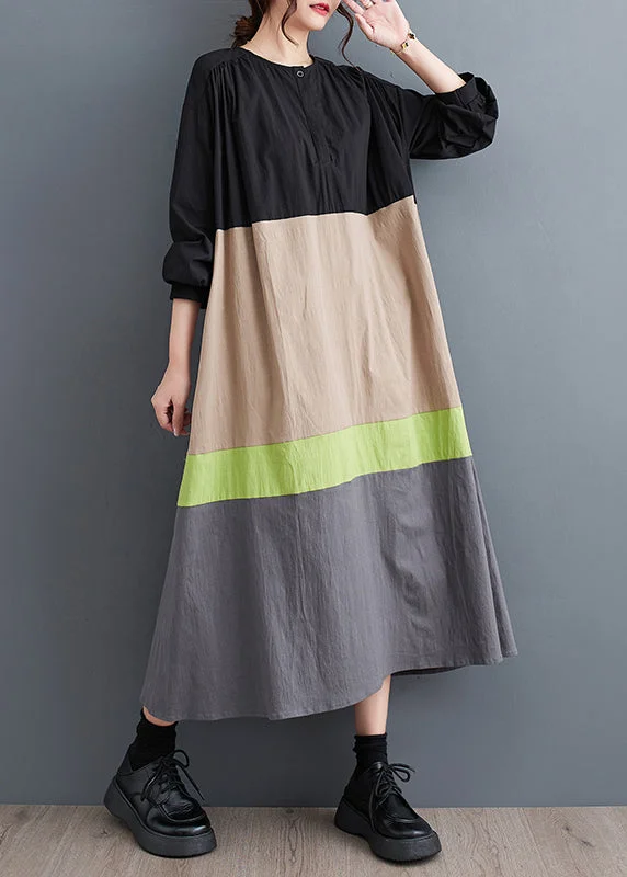Khaki Loose Patchwork Cotton Long Dresses O Neck Fall QA045 Tunics Sophisticated sleek