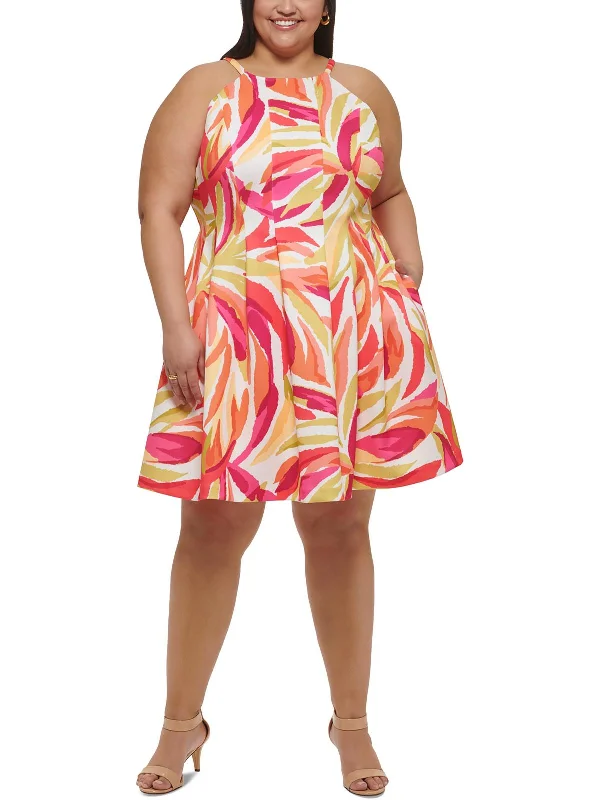 Plus Womens Above Knee Halter Fit & Flare Dress Cowl Neckline Elegant